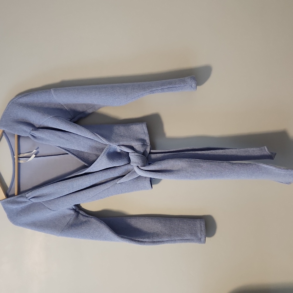 Anthropologie Faux Wrap Top Ribbed Long‎ Sleeve V Neck Blue Womens Small